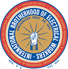 Badge of the International Brotherhood of Electrical Workers. A blue ring around a gold field showing light coming out of a raised fist. Badge of the International Brotherhood of Electrical Workers. A blue ring around a gold field showing light coming out of a raised fist.