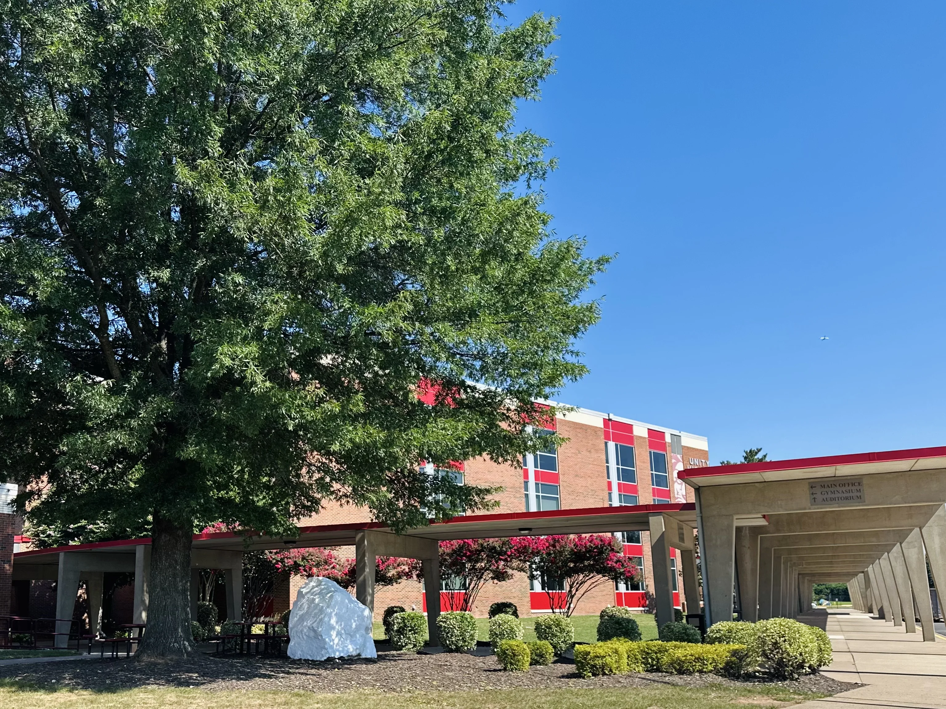 Unity Reed High School building entrance