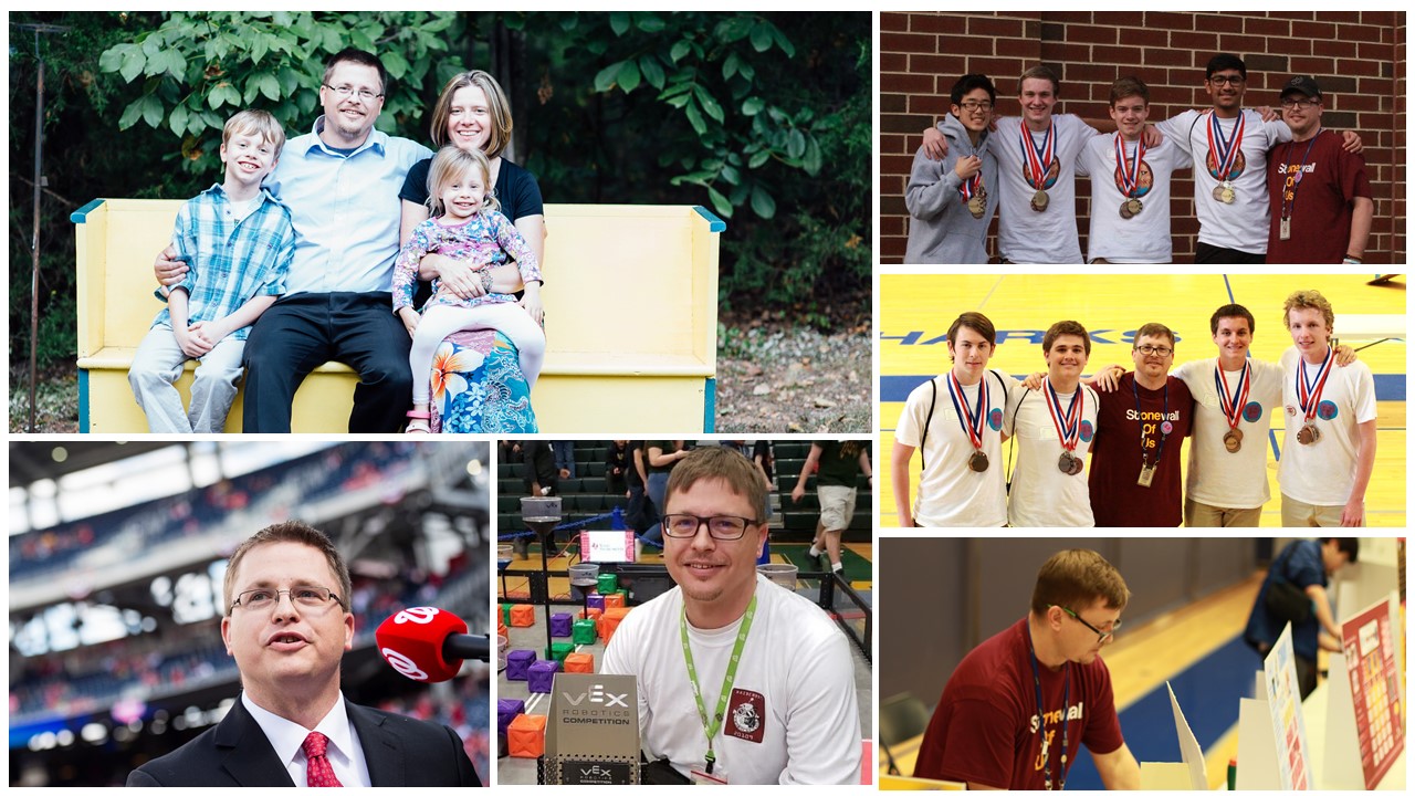 Pictures of Mr Hruska Collage of photos showing a family on a bench and scenes from student competitions, including teams wearing medals, a coach at a robotics event, and a speaker at a microphone.