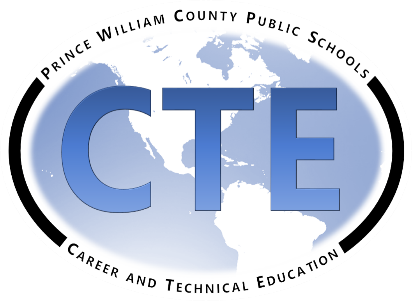 The Prince William County Career and technical Education logo, featuring a map of the world in the background