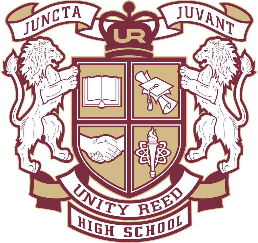 The school crest, featuring two lions and the motto Juncta Juvant