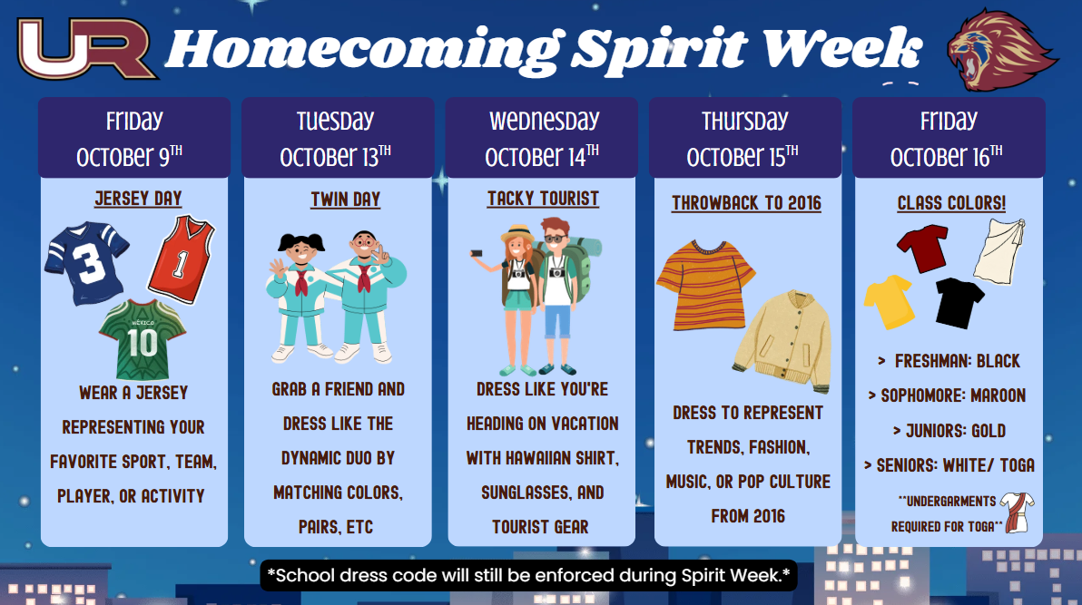 Homecoming spirit week flyer dates of spirit days and themes