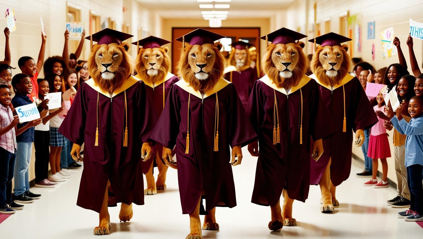 lions in graduation robes walking in an elementary school hallway