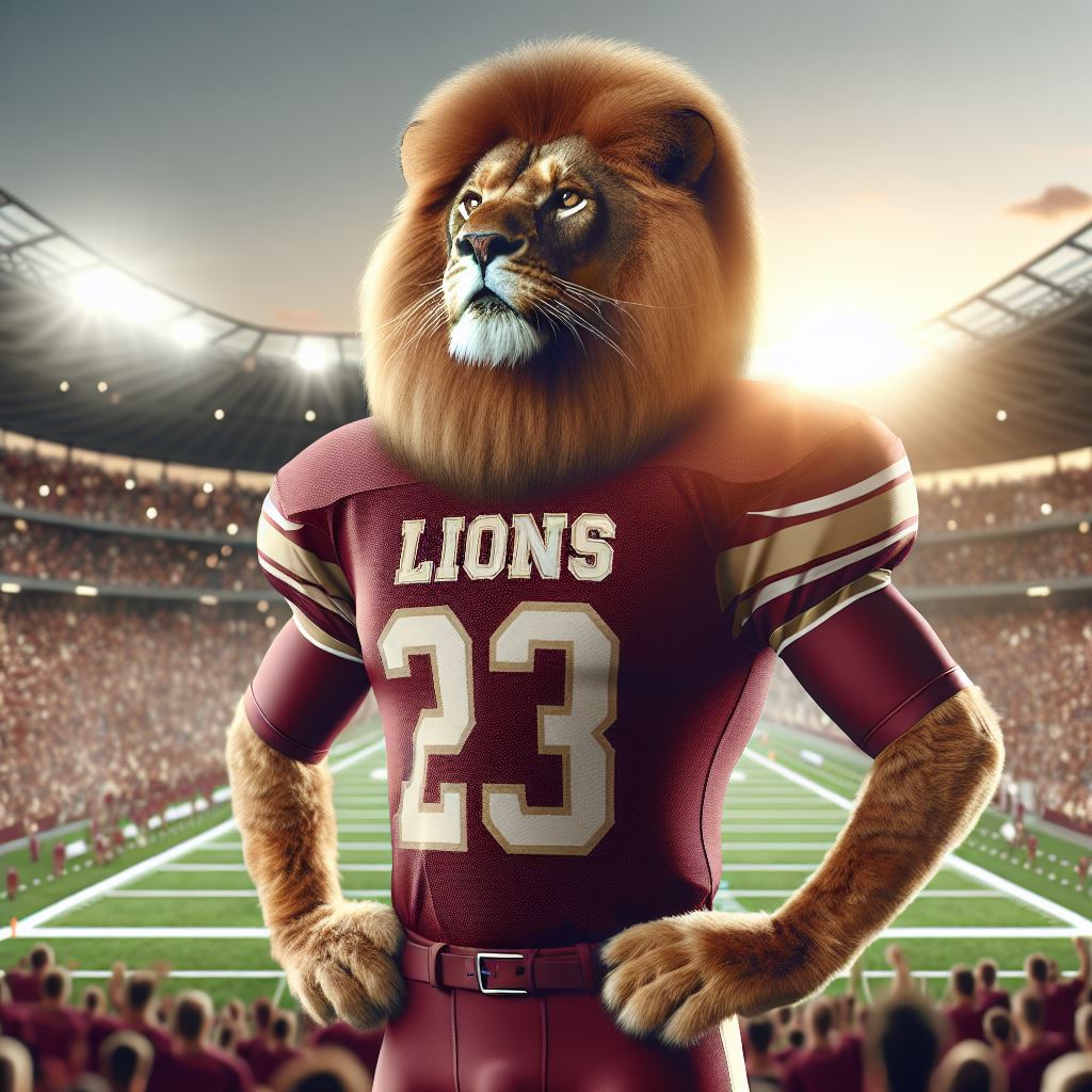 Lion in football uniform in stadium