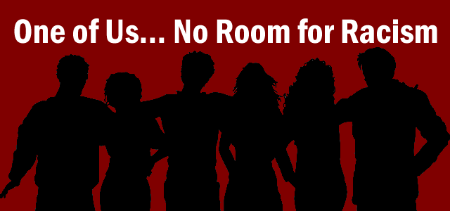 silhouettes of six students with the text: One of Us - No Room for Racism