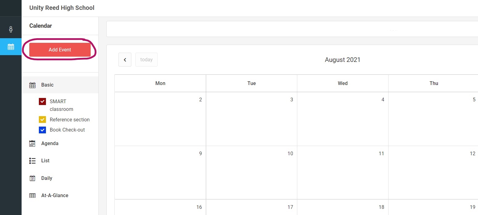 Screenshot of LibraryTrac Calendar indicating "Add Event" button in upper left corner