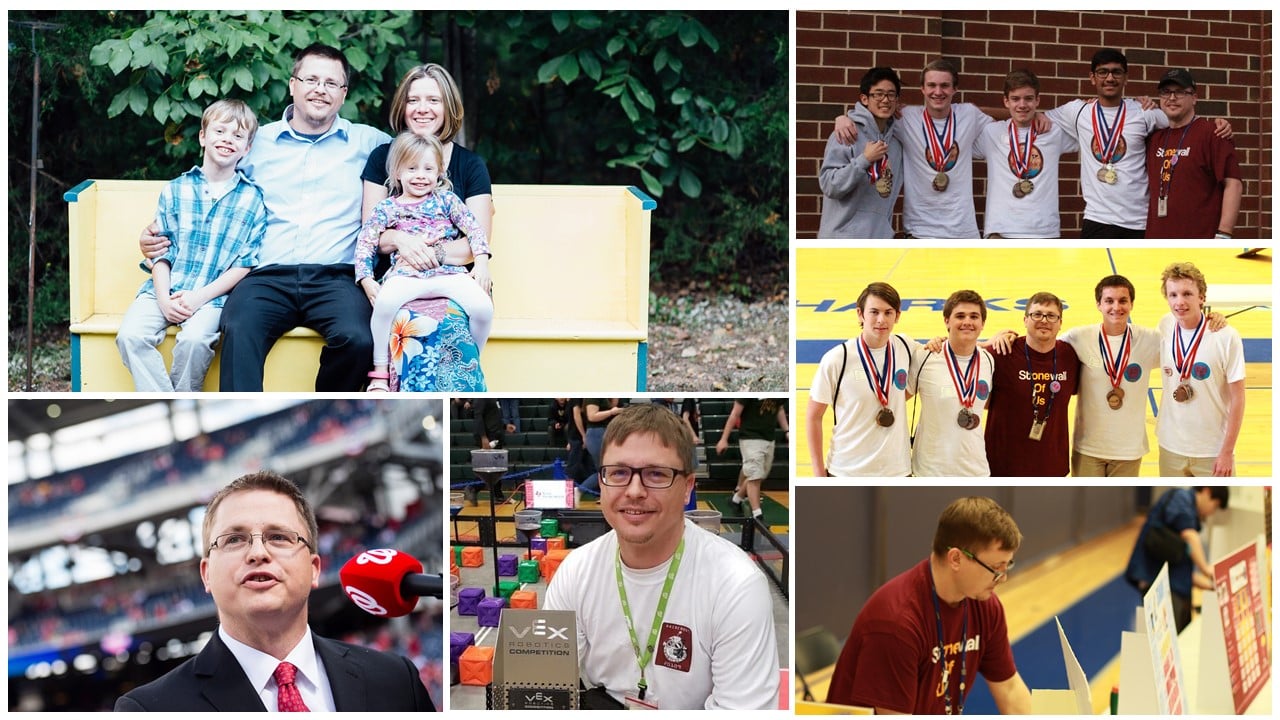 Collage of photos showing a family on a bench and scenes from student competitions, including teams wearing medals, a coach at a robotics event, and a speaker at a microphone.